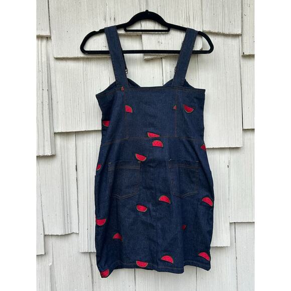 Unique‎ Vintage Denim Overall Dress Watermelon Embroidered Adjustable Strap Sz M - Picture 8 of 9
